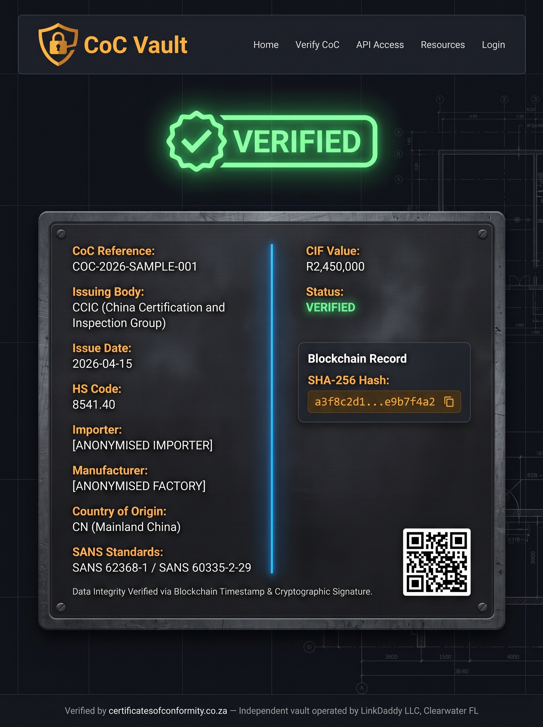 cofc Sample Verification Page — Anonymised